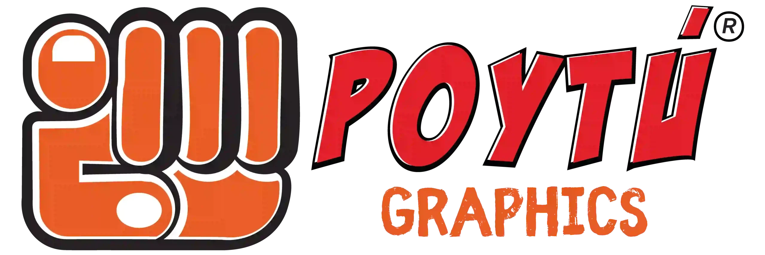 Logo símbolo de una mano señalando al espectador junto al logotipo de estética comic y artesanal Poytú Graphics